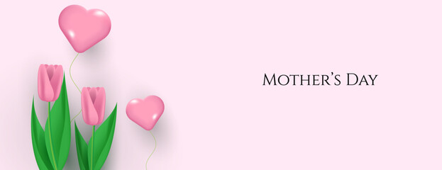 mother's day banner design with 3d pink tulips and hearts. vector illustration