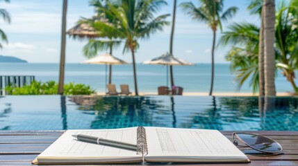 Fototapeta premium Book with a picturesque beach view in the background, providing the perfect setting for relaxation and literary escape, where the pages of the book merge seamlessly with the horizon. 