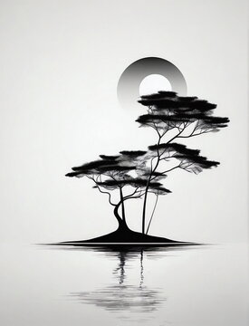 Black and white abstract trees art poster. Japanesse style painting print.