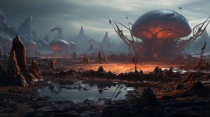 An alien planet with strange landscapes and bizarre cr