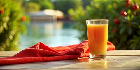 Summer Orange Juice and Towel of Red - Refreshing Drink with Colorful Towel