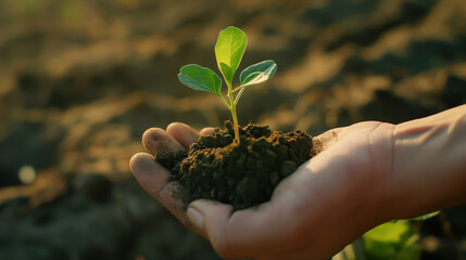 A hand holding a small plant in dirt