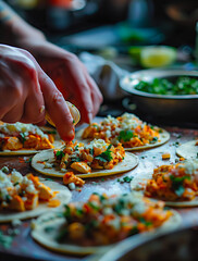 Hands Preparing Fresh Fish Tacos On A Rustic Wooden Board