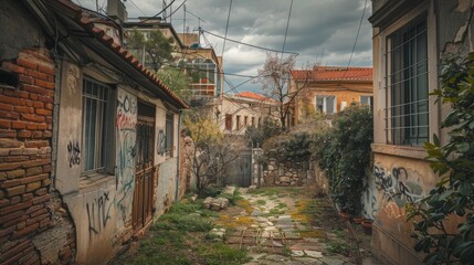 There is a solitary backyard located between houses in Thessaloniki.