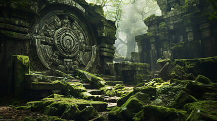 An ancient ruin with intricate carvings and mosscover