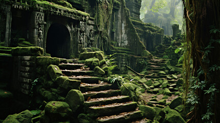 An ancient ruin with intricate carvings and mosscover