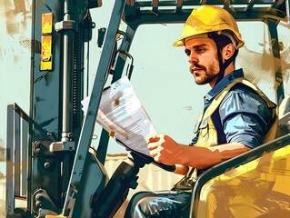 Focused construction worker reviewing plans in forklift. Safety gear visible. Industrial theme. Authentic scene. Generative AI