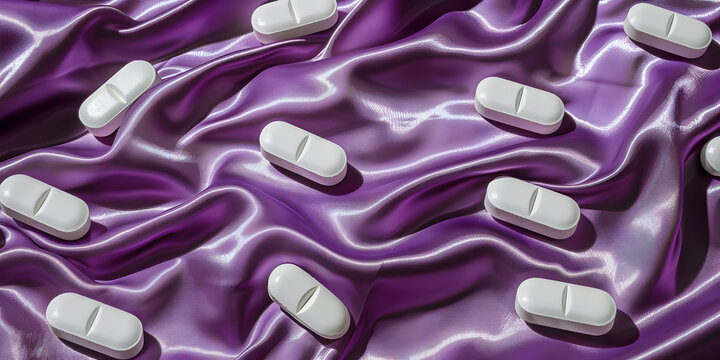 White tablets positioned on a plum against purple background