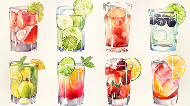 A set of colorful drinks with a lime slice in each glass