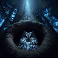 Owl perches itself in tree hollow on dark, moonlit night
