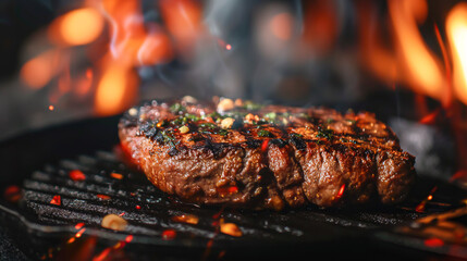 A piece of meat is being cooked on a grill, steak