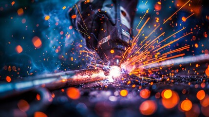 Welder works on metal surface with sparks flying. - obrazy, fototapety, plakaty