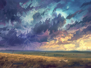 A picturesque digital painting of a vibrant prairie landscape under the captivating dance of lightning in a stormy sky, combining serenity and wildness - obrazy, fototapety, plakaty