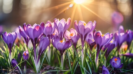 Purple crocuses blooming in the spring. - obrazy, fototapety, plakaty