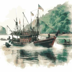Fototapeten boat watercolor illustration, Artistic Boat, Sailing Artwork on white background © Furqan