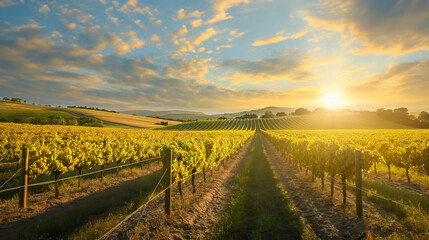 Naklejka premium A field of grape vines with a sun setting in the background