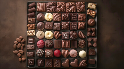 A black tray with many different types of chocolates