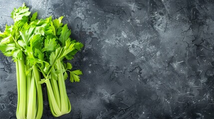 Fresh celery on dark background. The concept of healthy eating. Top view. Free space for text.