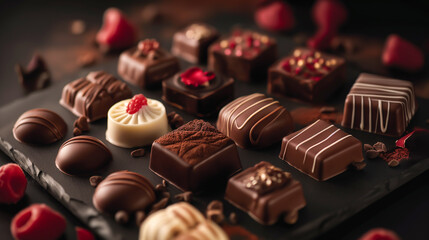 A plate of assorted chocolates with a red rose on the table