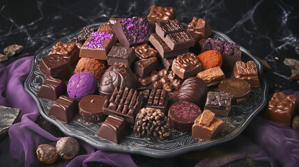 A plate of assorted chocolates with purple and brown colors