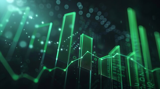Green stock market graph and abstract business graphics with copyspace in the foreground.