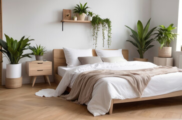Interesting corner in a home garden, bedroom in light tones with wooden elements. Featuring: bed, parquet floor, and plenty of potted houseplants. Urban jungle interior design. Biophilia concept. - obrazy, fototapety, plakaty