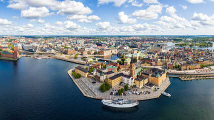 Stockholm, Sweden. Riddarholmen. Panorama of the city in summer in cloudy weather. Aerial view - obrazy, fototapety, plakaty