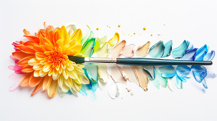 Vibrant Rainbow Colors Paint and Petals Abstract Composition on White