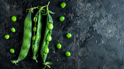 Green peas and pea pods on dark background. Top view. Free space for text. - obrazy, fototapety, plakaty
