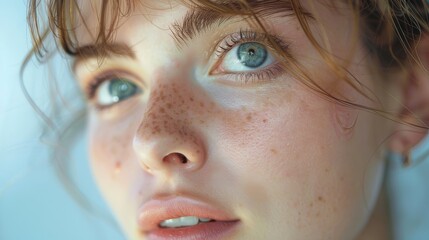 Close-up of a person's face showcasing detailed green eye, freckles, and natural beauty in bright light