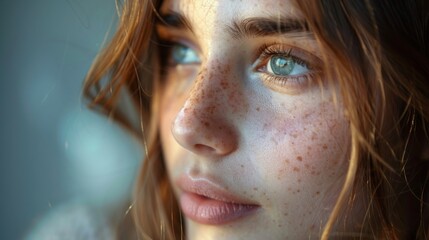 Close-up of a woman with freckles, blue eyes, and brown hair gazing into the distance