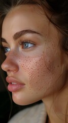 Close-up of a woman's face highlighting her blue eyes, freckles, and natural skin texture