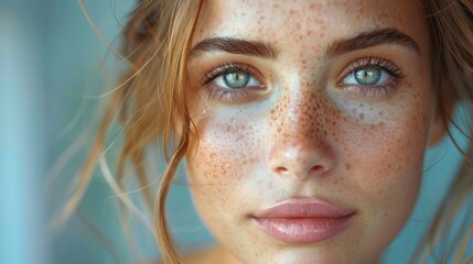 Close-up of a person with freckles, green eyes, and blonde hair, exuding a natural beauty