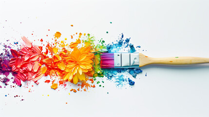 Vibrant Rainbow Colors Paint with Petals and Brush Abstract Composition on White 