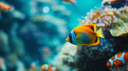 Fototapeta na wymiar Colorful fish swims in coral reef.