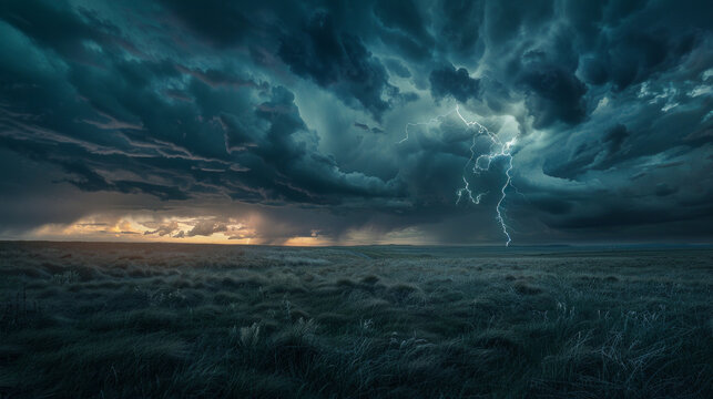 A hauntingly beautiful digital painting capturing the calm but unsettling atmosphere just before a storm breaks over a prairie landscape, electrified by lightning
