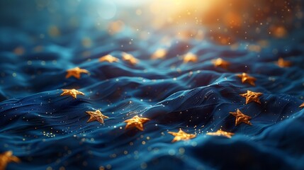 Artistic representation with blue wavy fabric, golden stars, sparkling particles, and a warm glowing light - obrazy, fototapety, plakaty