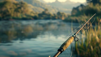 Fishing rod poised by the riverside with a beautiful and cool river background, offering a peaceful retreat and an opportunity for outdoor adventure in nature's playground.
 - obrazy, fototapety, plakaty