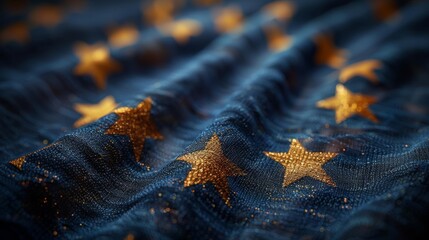 Up-close view of an American flag, focusing on golden stars against a textured blue background