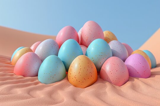 Colorful Assortment of Painted Easter Eggs Nestled in Soft Spring Sands