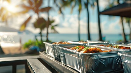 Sumptuous food box showcased against the serene backdrop of a beautiful sea view, creating a perfect setting for savoring delectable meals by the shimmering waters.
 - obrazy, fototapety, plakaty