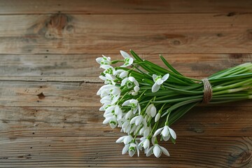 A Serene Bouquet of Fresh Snowdrops Lying on a Rustic Wooden Surface