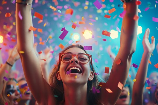 Beautiful cheerful people enjoy a crazy summer party. Confetti Queen