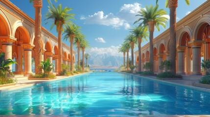 Idyllic resort with a crystal-clear pool flanked by palm trees and ornate architecture under the sun - obrazy, fototapety, plakaty