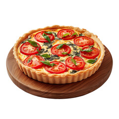 Extreme front view of a vibrant tomato and basil quiche on a wooden tray plate isolated on a white transparent background