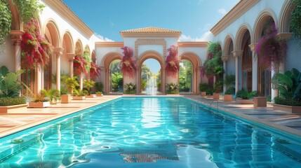 Idyllic pool lined with vibrant pink flowers framed by elegant archways in a tranquil setting