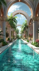 Elegant, long indoor pool flanked by columns, arches, and lush greenery, under a vaulted ceiling - obrazy, fototapety, plakaty