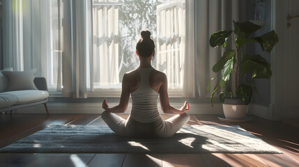 A young woman meditating in a lotus position, wearing a white tank top and leggings. She is in a modern home interior with a large window where sun rays are shining in. - obrazy, fototapety, plakaty
