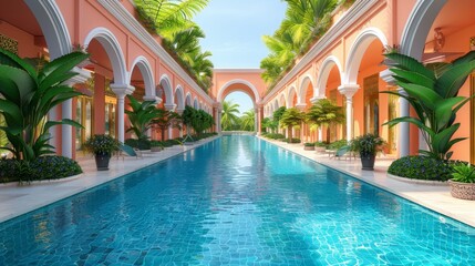 Fototapeta na wymiar Elegant corridor with arches lined with lush plants beside a tranquil, reflective blue swimming pool