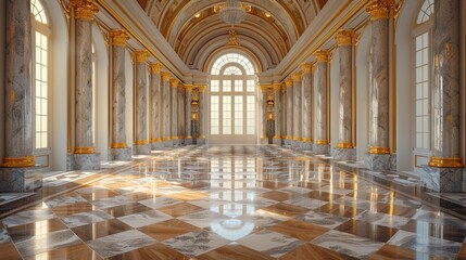 Opulent, spacious hall with marble floors, ornate columns, golden details, and large sunlit windows